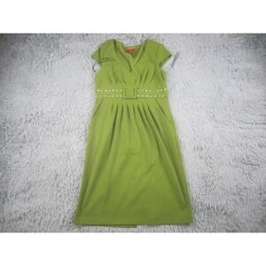 Signature Sangria Womens Medium Green V-Neck Belted‎ Midi Dress Silver Dotted